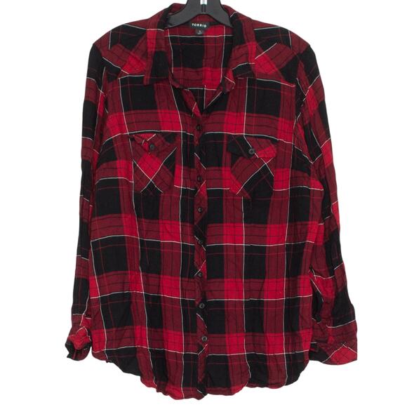 Torrid Womens Top Button Up Long Sleeve Buffalo Plaid Red Black Size 1 1X FK - Picture 1 of 7